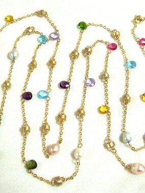 60" INCH, FRESH WATER PEARLS, SATIN GOLD & MULTI COLOR CRYSTALS NECKLACE